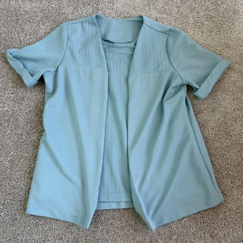 Vintage Blair Jacket Pants Set Womens Large Blue Knit Elastic Waist Short Sleeve